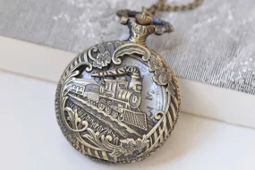 1 PC Antique Bronze Steampunk Train Large Pocket Watch Necklace A574