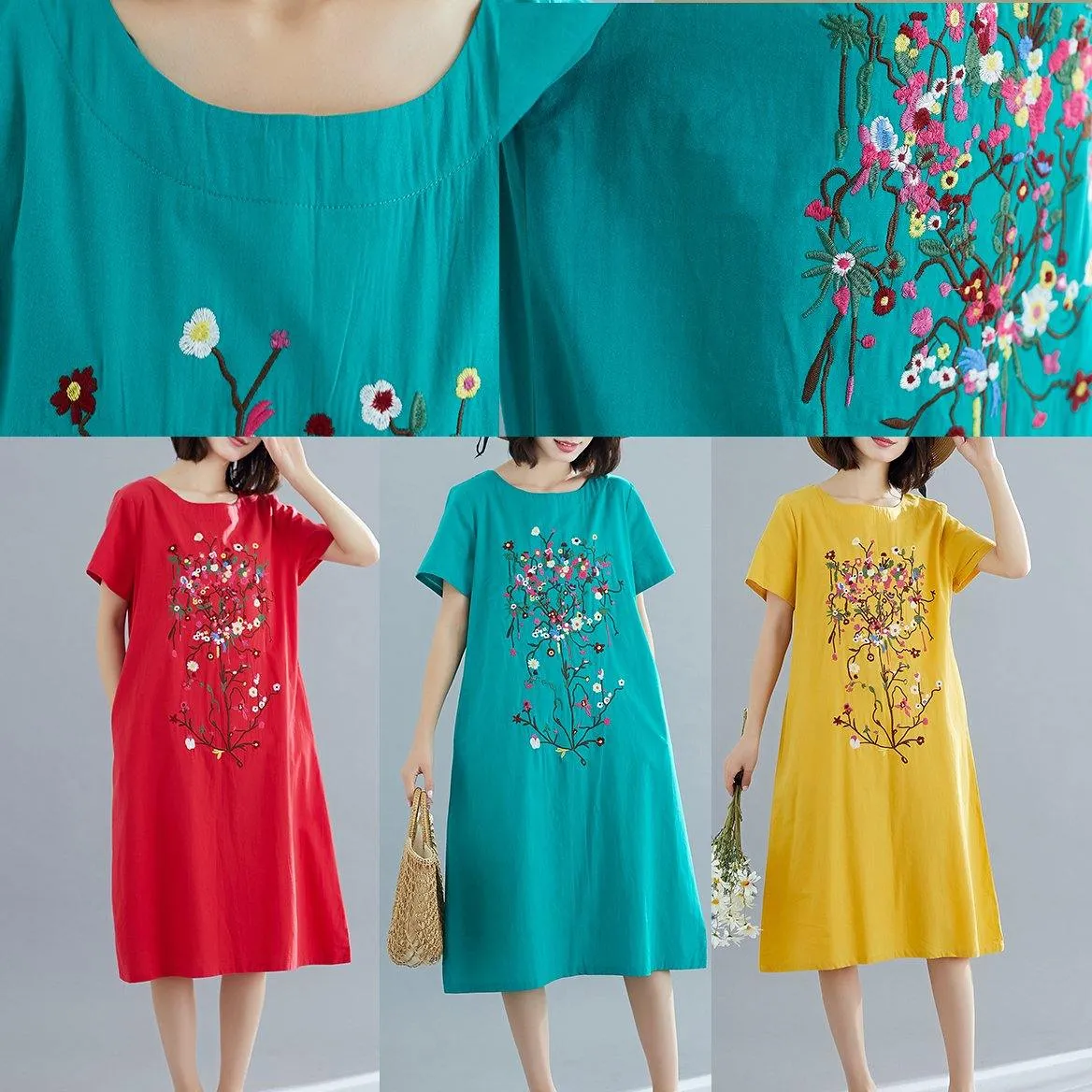 100% red Cotton Long Shirts stylish Inspiration prints Plus Size summer Dresses