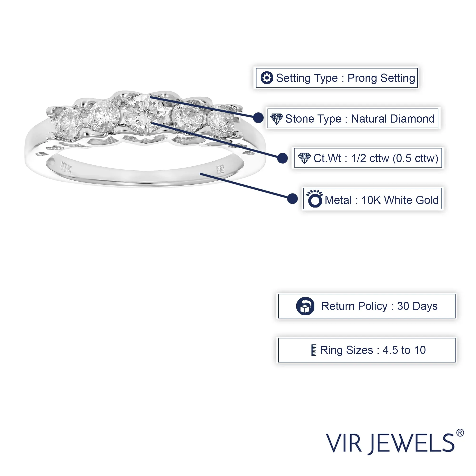 1/2 cttw Five Stone Diamond Engagement Ring in 10K White Gold