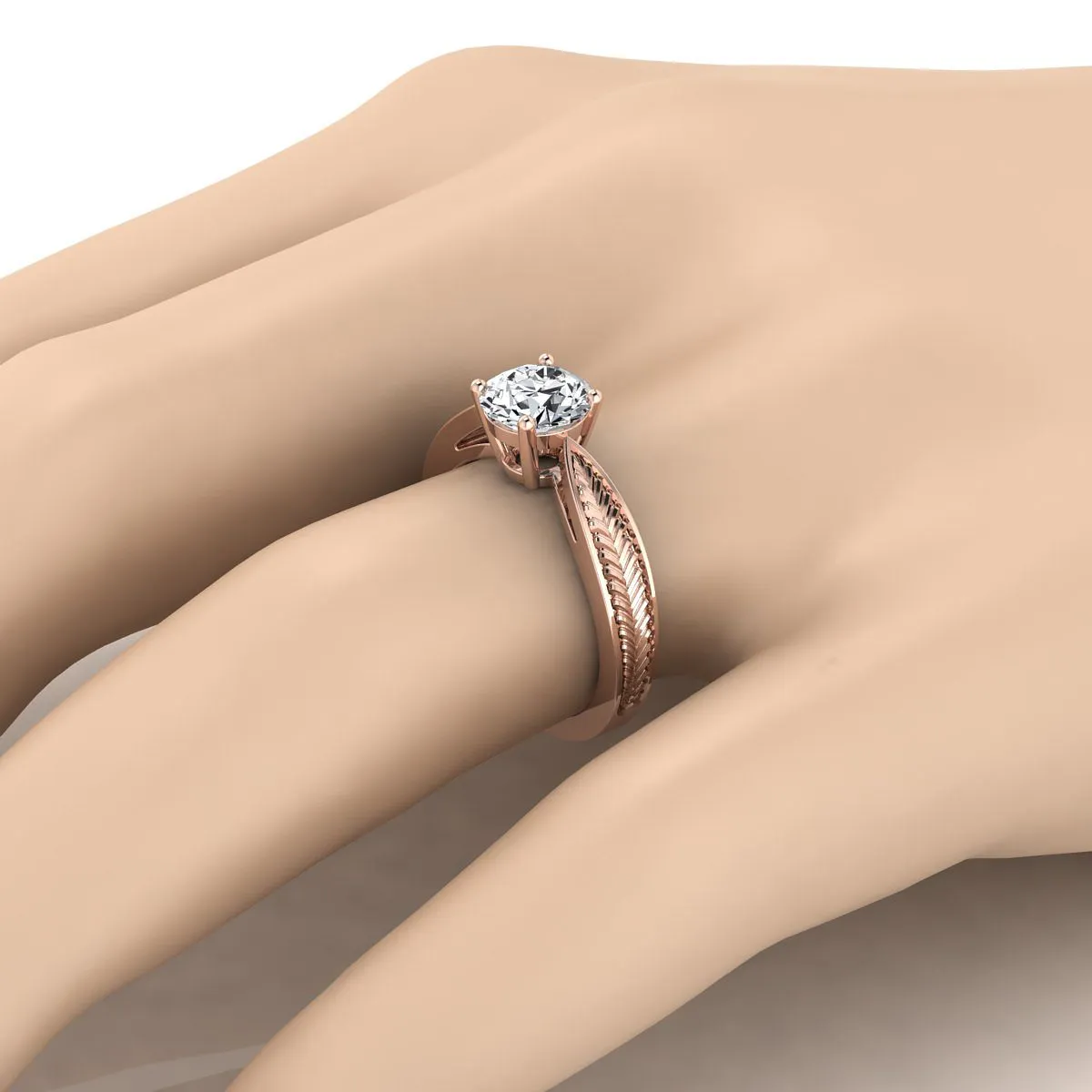 14K Rose Gold Round Brilliant Vintage Inspired Leaf Pattern Pinched Solitaire Engagement Ring