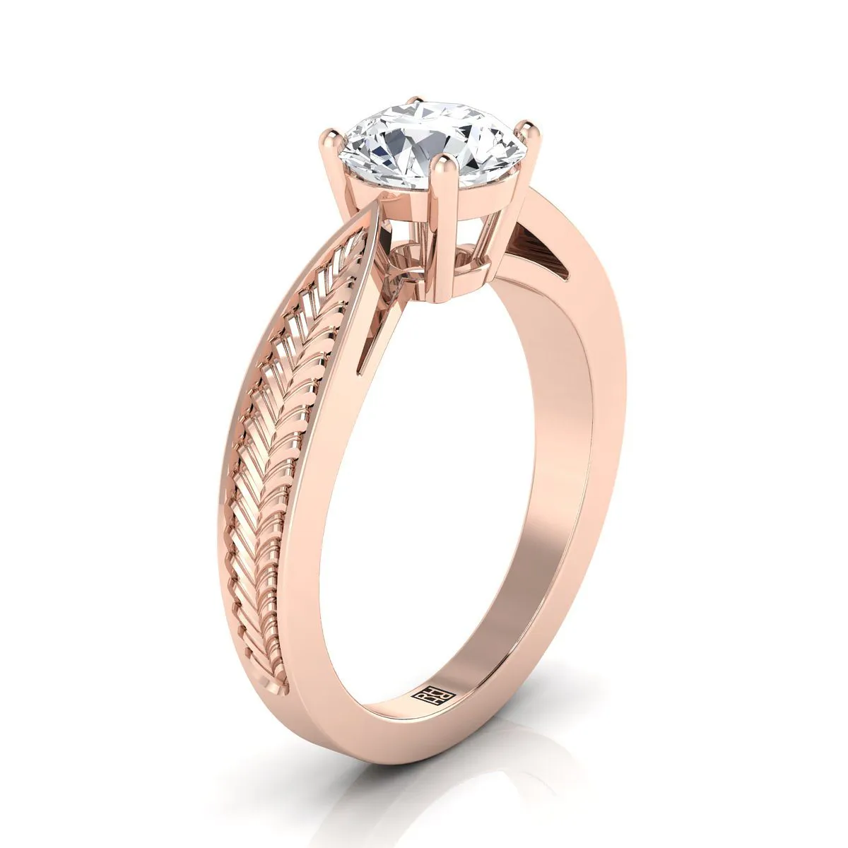 14K Rose Gold Round Brilliant Vintage Inspired Leaf Pattern Pinched Solitaire Engagement Ring