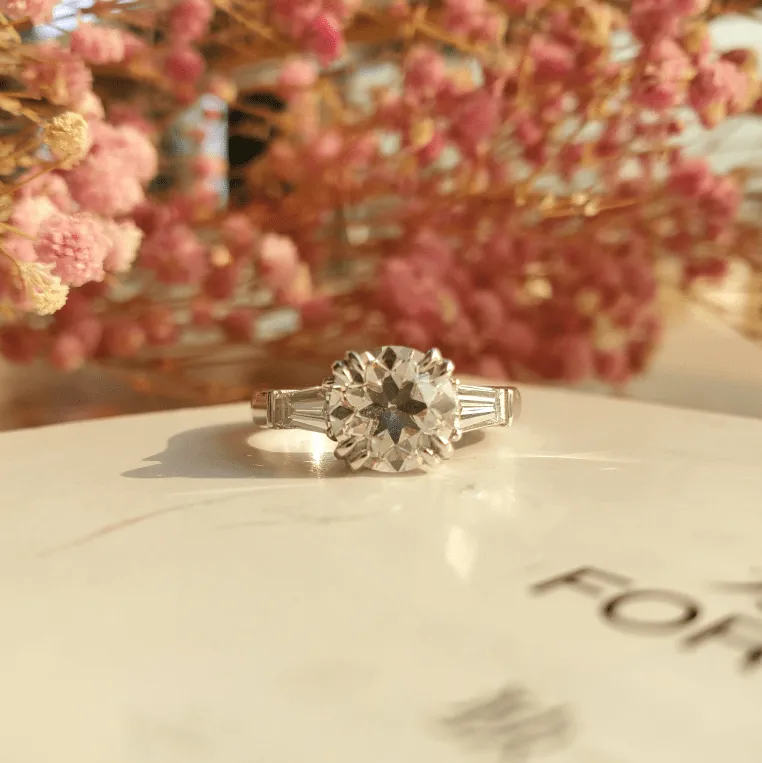 14k White Gold 2 Carat Old European Cut Diamond Double Prong Setting Three-stone Vintage Engagement Ring