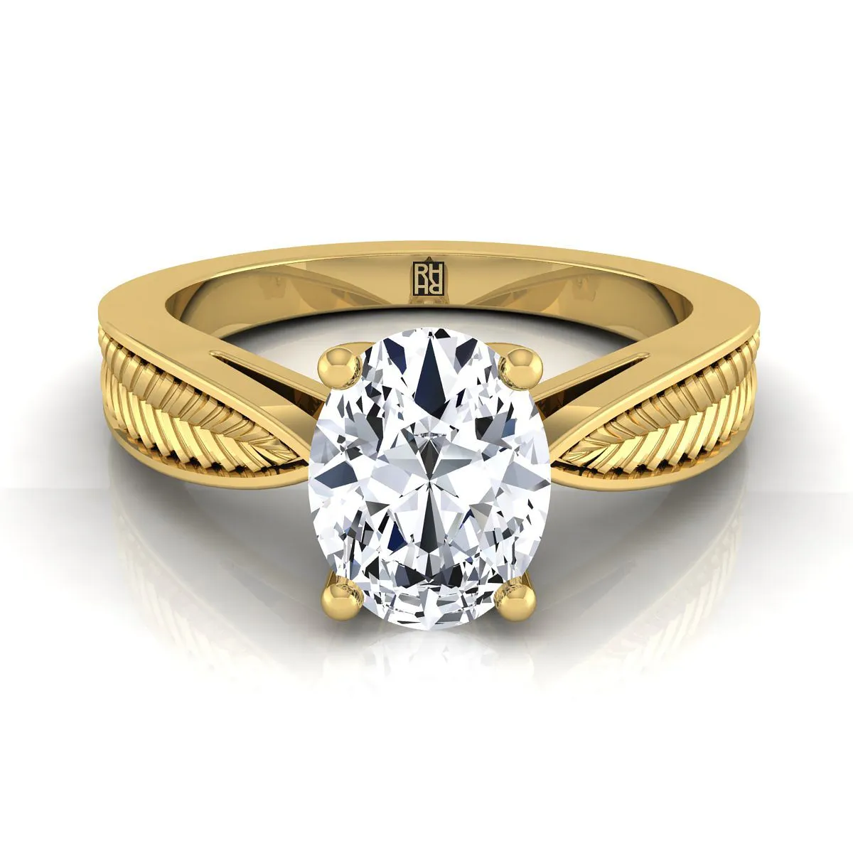 14K Yellow Gold Oval Vintage Inspired Leaf Pattern Pinched Solitaire Engagement Ring