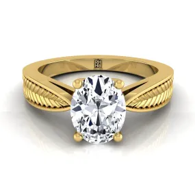 14K Yellow Gold Oval Vintage Inspired Leaf Pattern Pinched Solitaire Engagement Ring