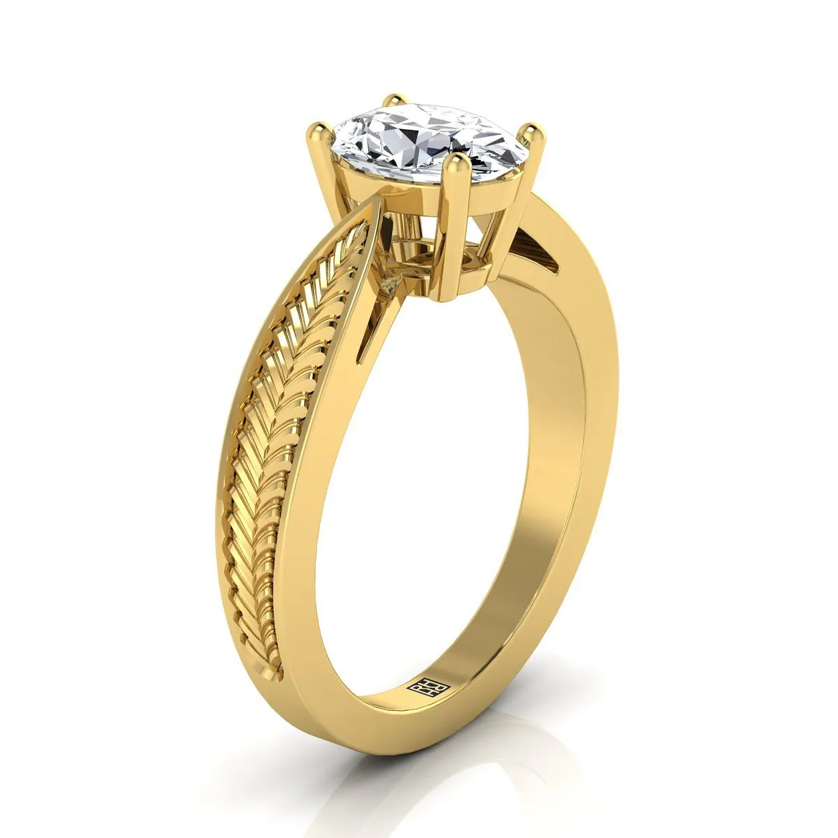 14K Yellow Gold Oval Vintage Inspired Leaf Pattern Pinched Solitaire Engagement Ring