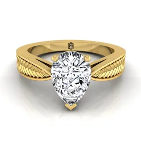 14K Yellow Gold Pear Shape Center Vintage Inspired Leaf Pattern Pinched Solitaire Engagement Ring