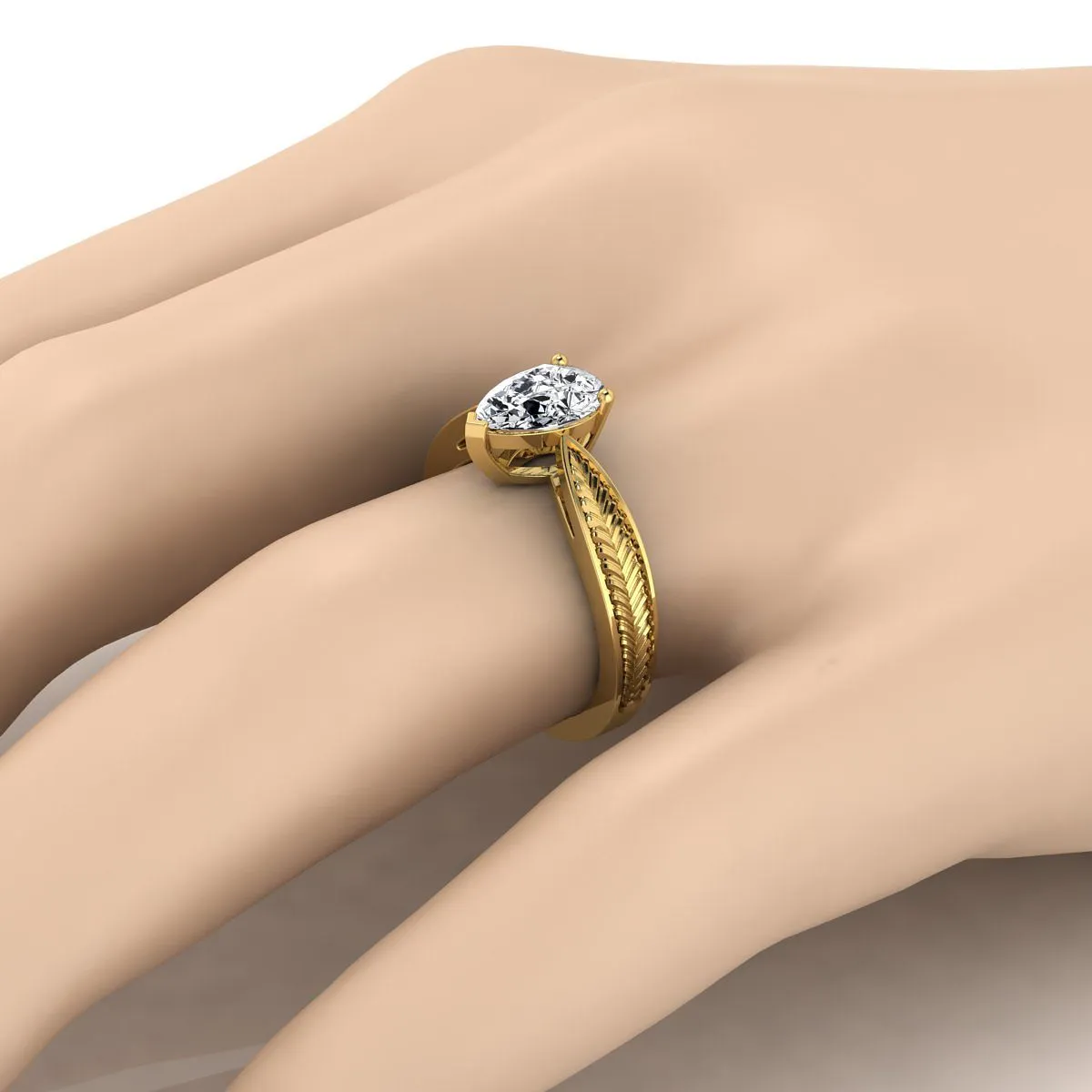 14K Yellow Gold Pear Shape Center Vintage Inspired Leaf Pattern Pinched Solitaire Engagement Ring