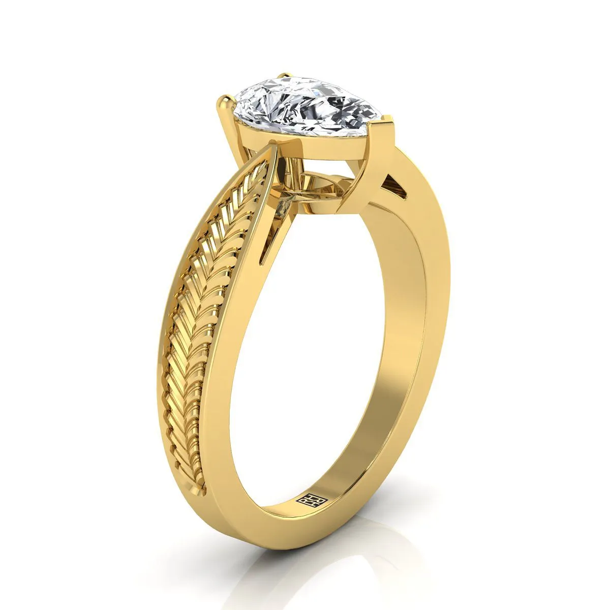 14K Yellow Gold Pear Shape Center Vintage Inspired Leaf Pattern Pinched Solitaire Engagement Ring