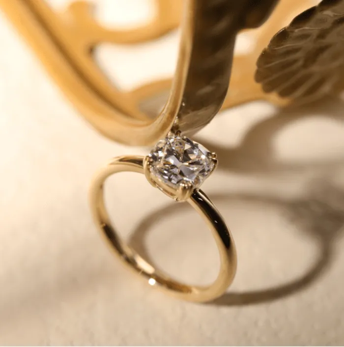 18k Yellow Gold 1.5 Carat Old Mine Cut Lab Diamond Double Prong Setting Vintage Solitaire Engagement Ring