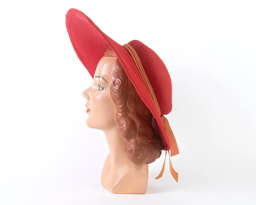 1940s 1950s New York Creation Red Wide Brim Sun Hat