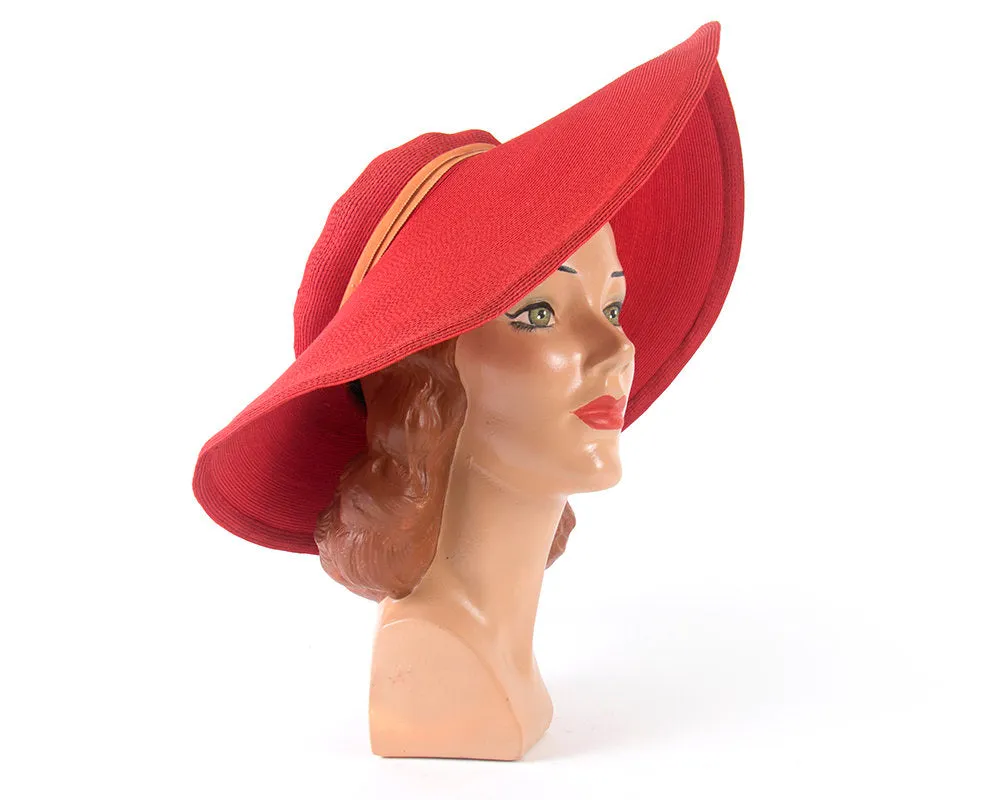 1940s 1950s New York Creation Red Wide Brim Sun Hat
