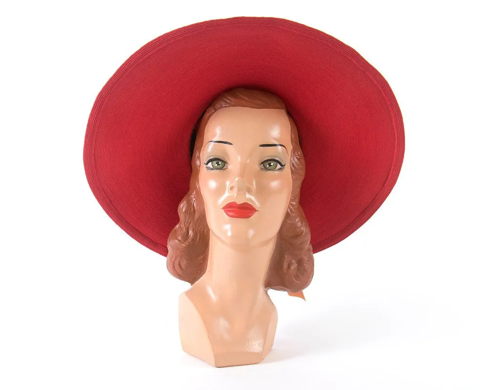 1940s 1950s New York Creation Red Wide Brim Sun Hat