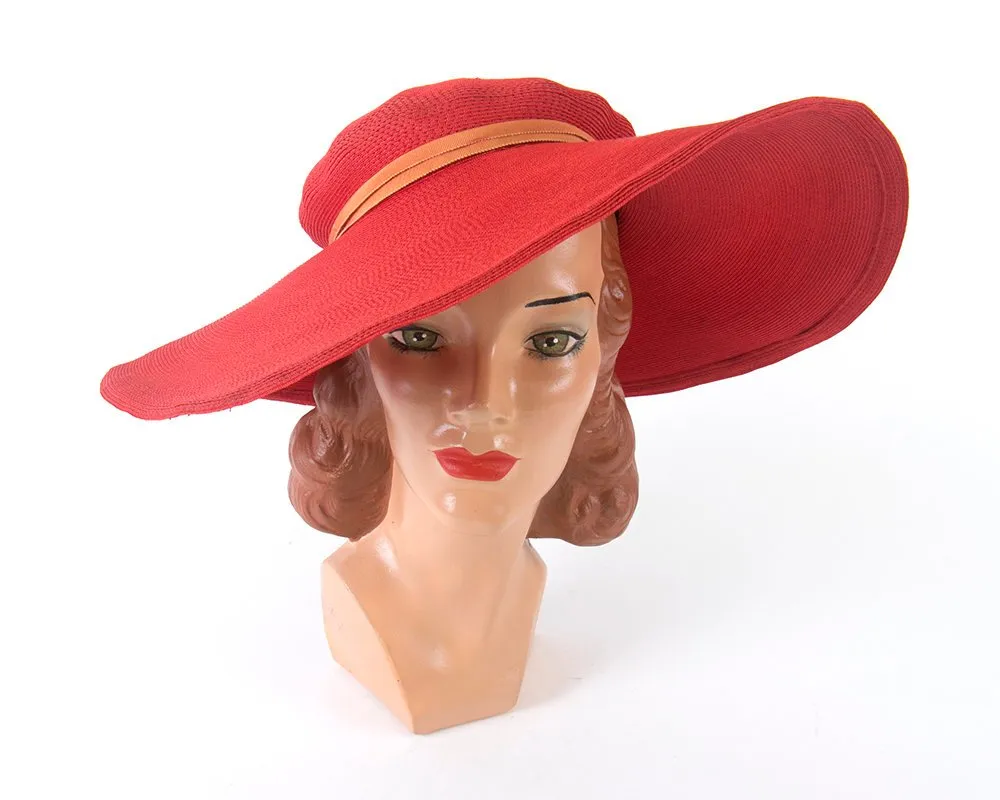 1940s 1950s New York Creation Red Wide Brim Sun Hat
