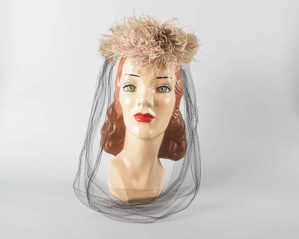 1940s New York Creation Ostrich Feather Juliet Cap with Netting