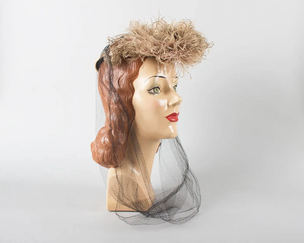 1940s New York Creation Ostrich Feather Juliet Cap with Netting