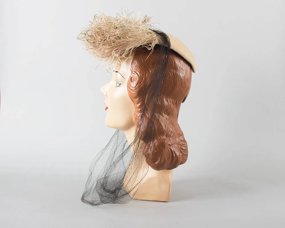 1940s New York Creation Ostrich Feather Juliet Cap with Netting