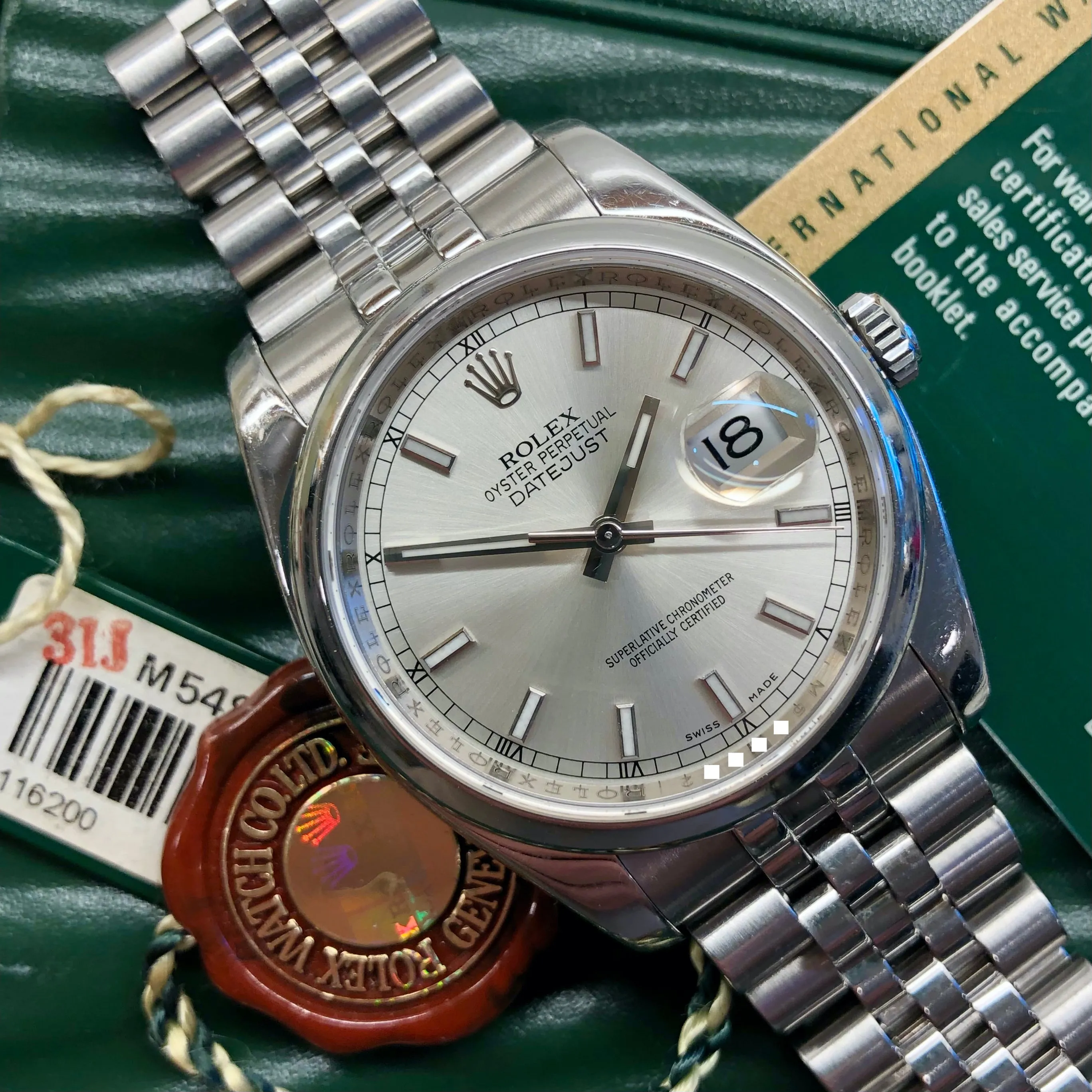 2008 Rolex Datejust 116200 Stainless Steel Silver Dial Hidden Clasp Jubilee Automatic Wristwatch with Box and Papers
