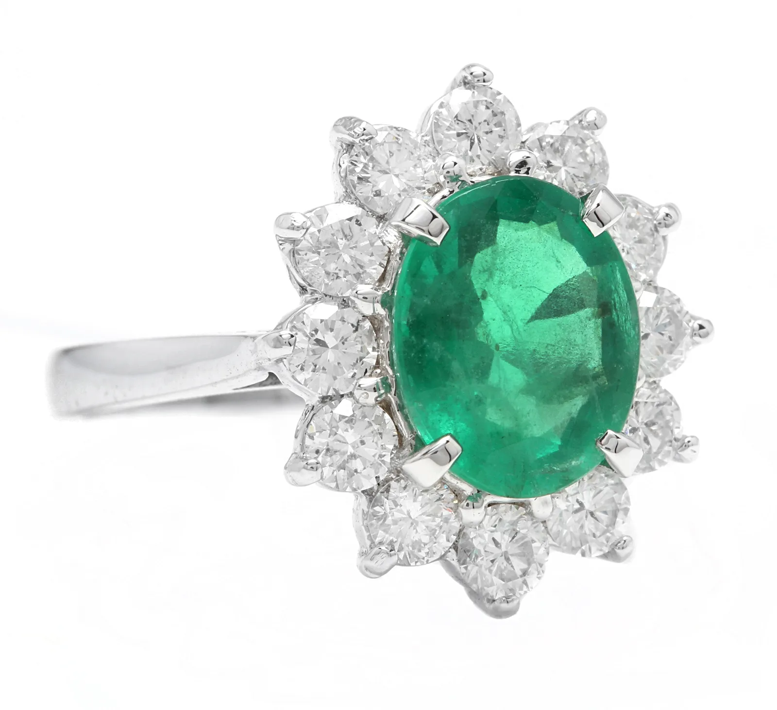 3.60 Carats Exquisite Emerald and Diamond 14K Solid White Gold Ring