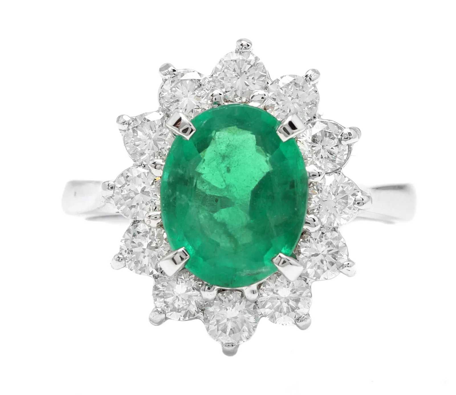 3.60 Carats Exquisite Emerald and Diamond 14K Solid White Gold Ring