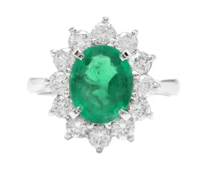 3.60 Carats Exquisite Emerald and Diamond 14K Solid White Gold Ring