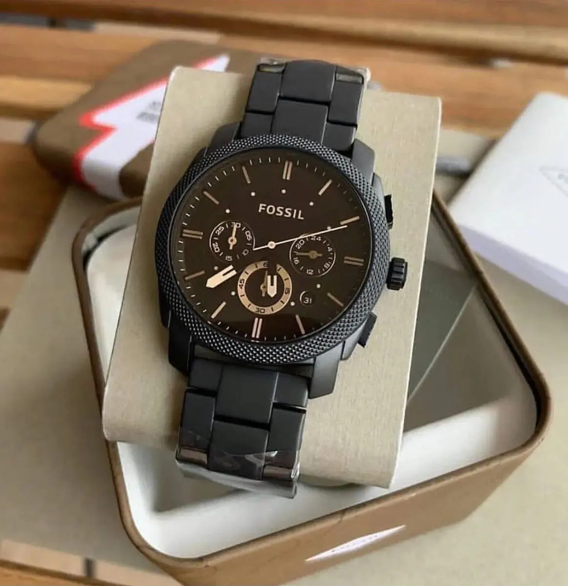 45mm Black Dial Chronograph Fossil Watch – Premium Quality