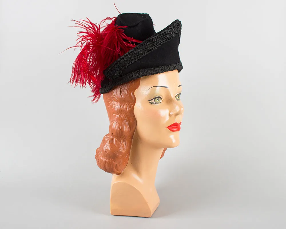 $50 & UNDER SALE || 1940s Ostrich Feather Black Wool Felt Tilt Hat