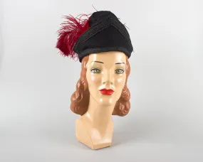 $50 & UNDER SALE || 1940s Ostrich Feather Black Wool Felt Tilt Hat