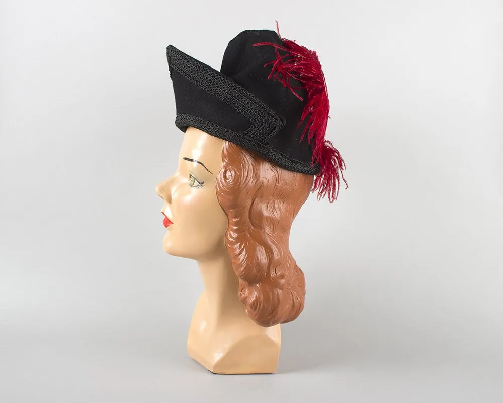 $50 & UNDER SALE || 1940s Ostrich Feather Black Wool Felt Tilt Hat