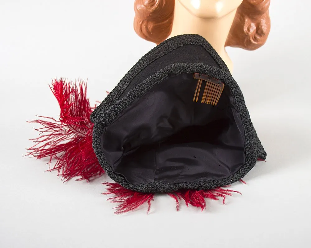 $50 & UNDER SALE || 1940s Ostrich Feather Black Wool Felt Tilt Hat