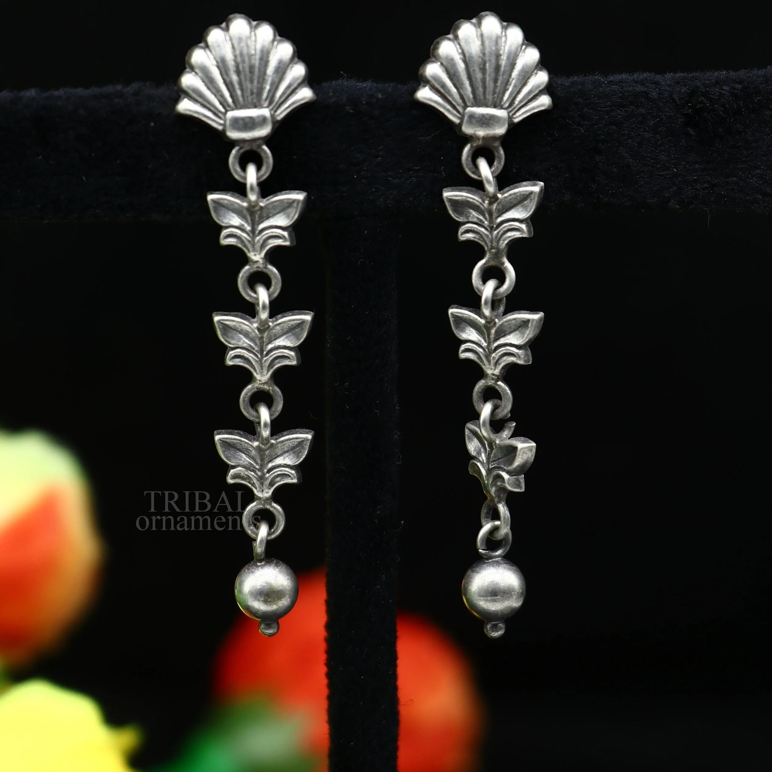 925 sterling silver handmade floral design drop dangle long light weight fancy girl's earring brides jewelry from india ear1142
