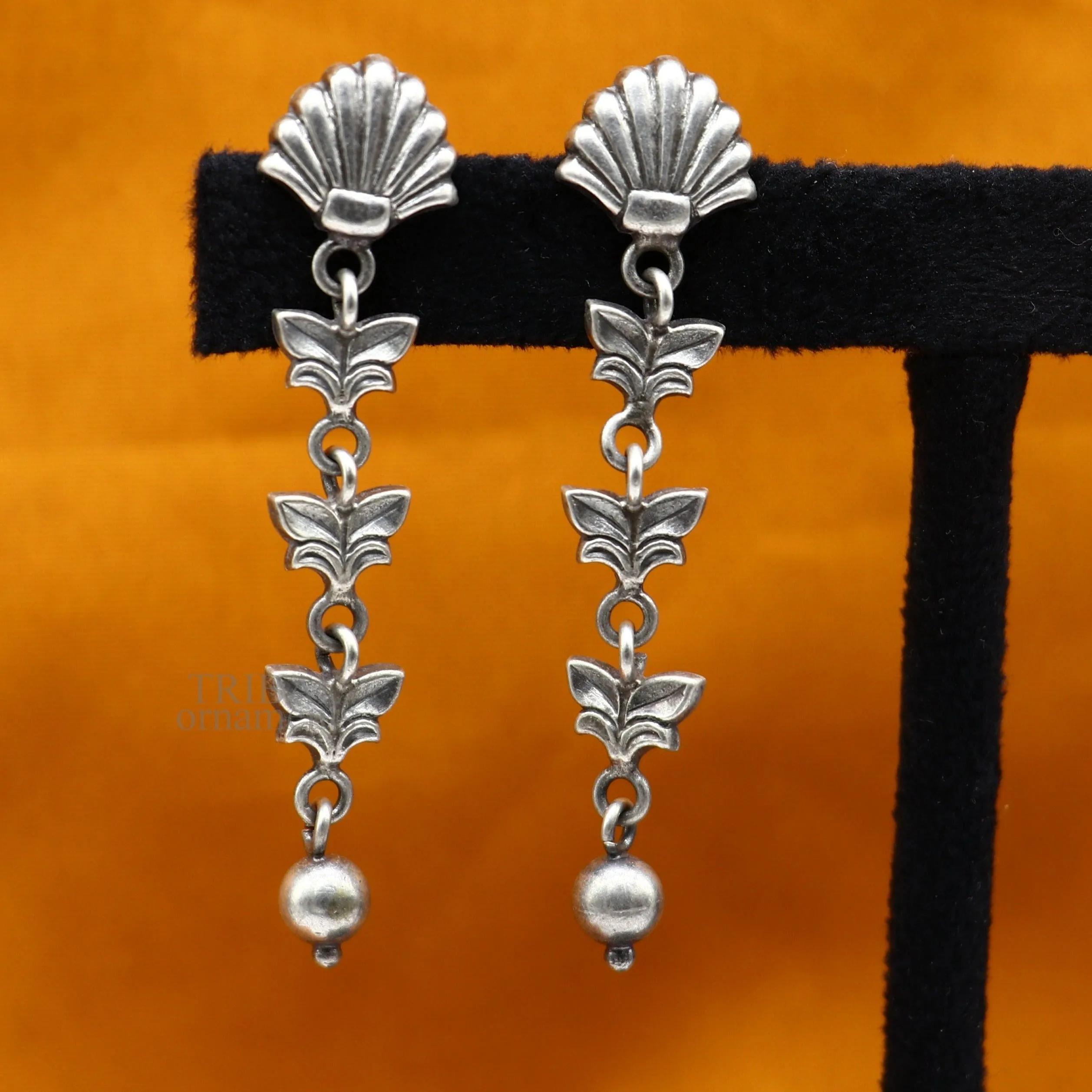 925 sterling silver handmade floral design drop dangle long light weight fancy girl's earring brides jewelry from india ear1142