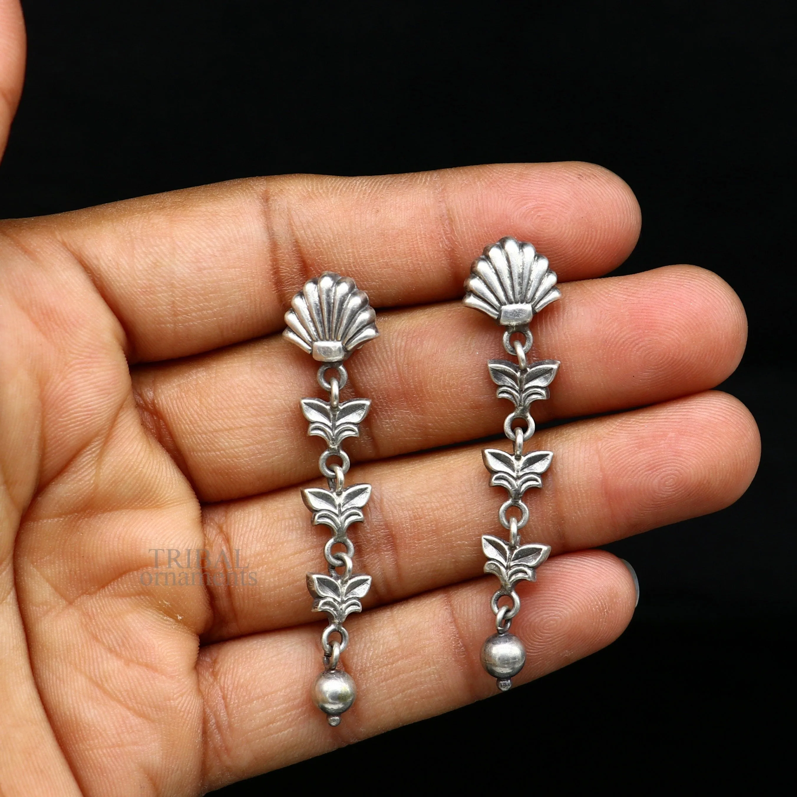 925 sterling silver handmade floral design drop dangle long light weight fancy girl's earring brides jewelry from india ear1142