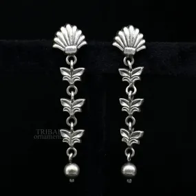 925 sterling silver handmade floral design drop dangle long light weight fancy girl's earring brides jewelry from india ear1142