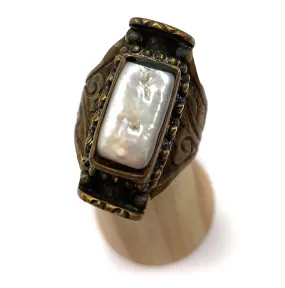 Adjustable Vintage Brass Freshwater Pearl Ring, Handmade in Tibet