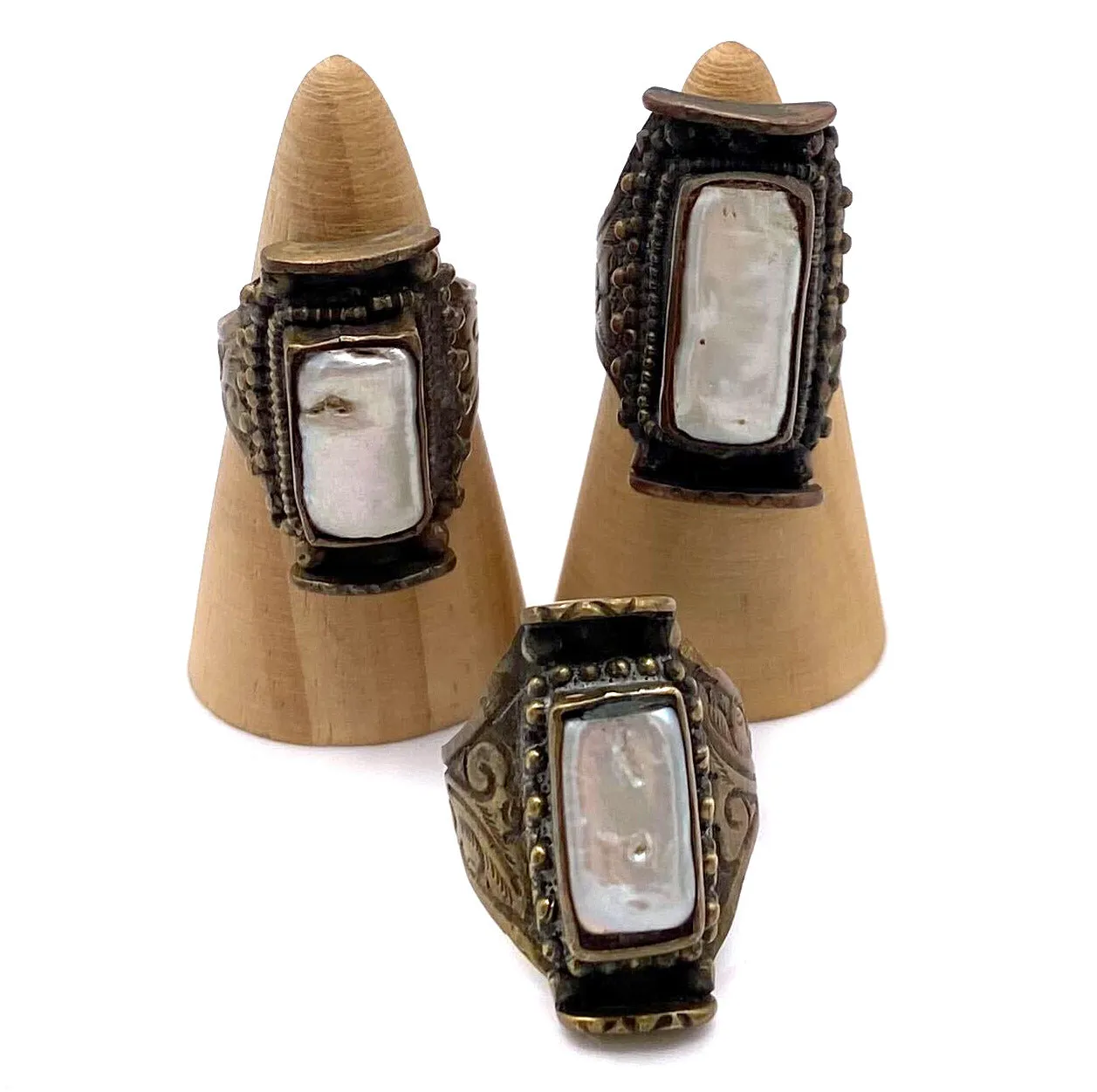 Adjustable Vintage Brass Freshwater Pearl Ring, Handmade in Tibet
