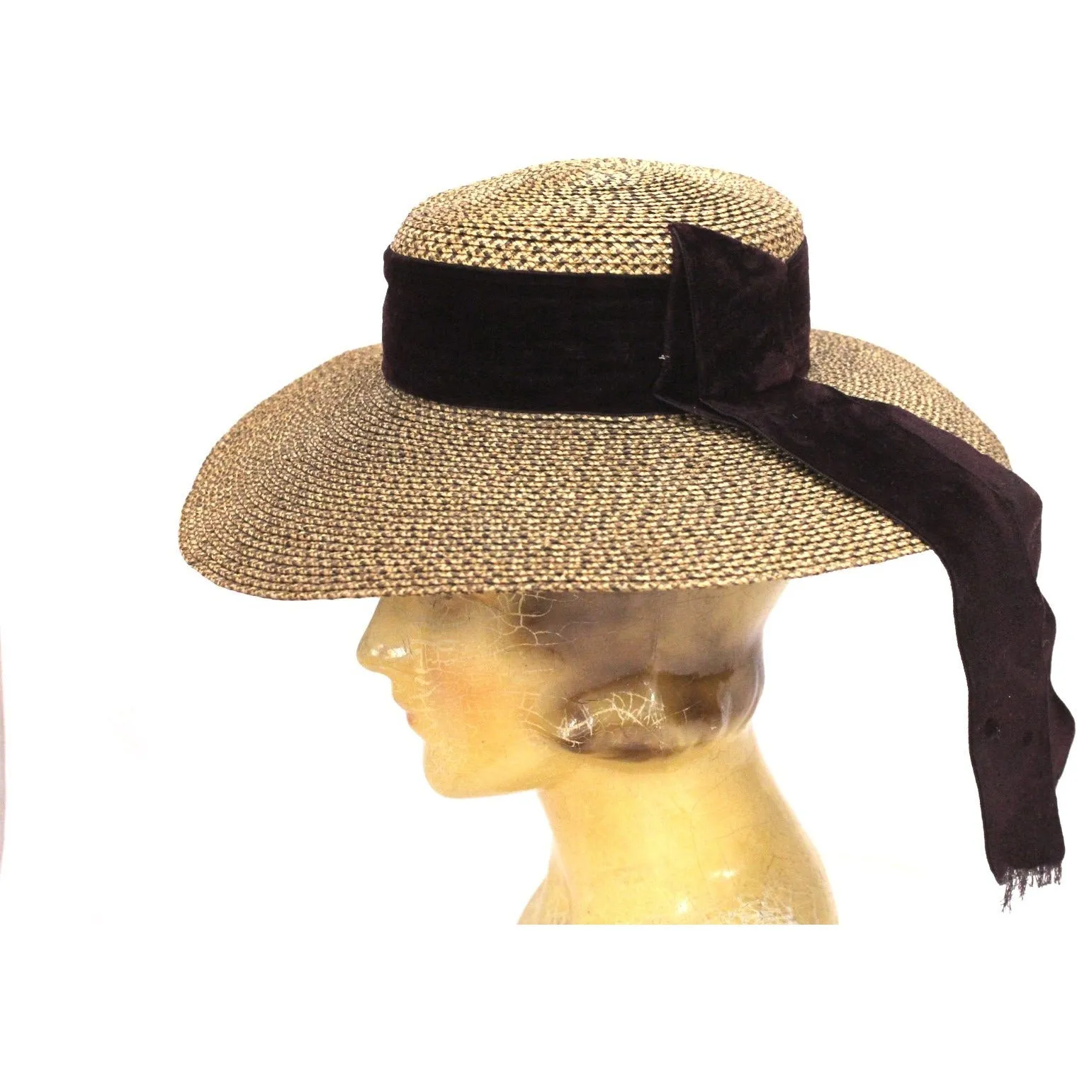 Antique Edwardian Wide Brimmed  Ladies Hat 2 Tone Bronze Straw 6 1/4 Small Head