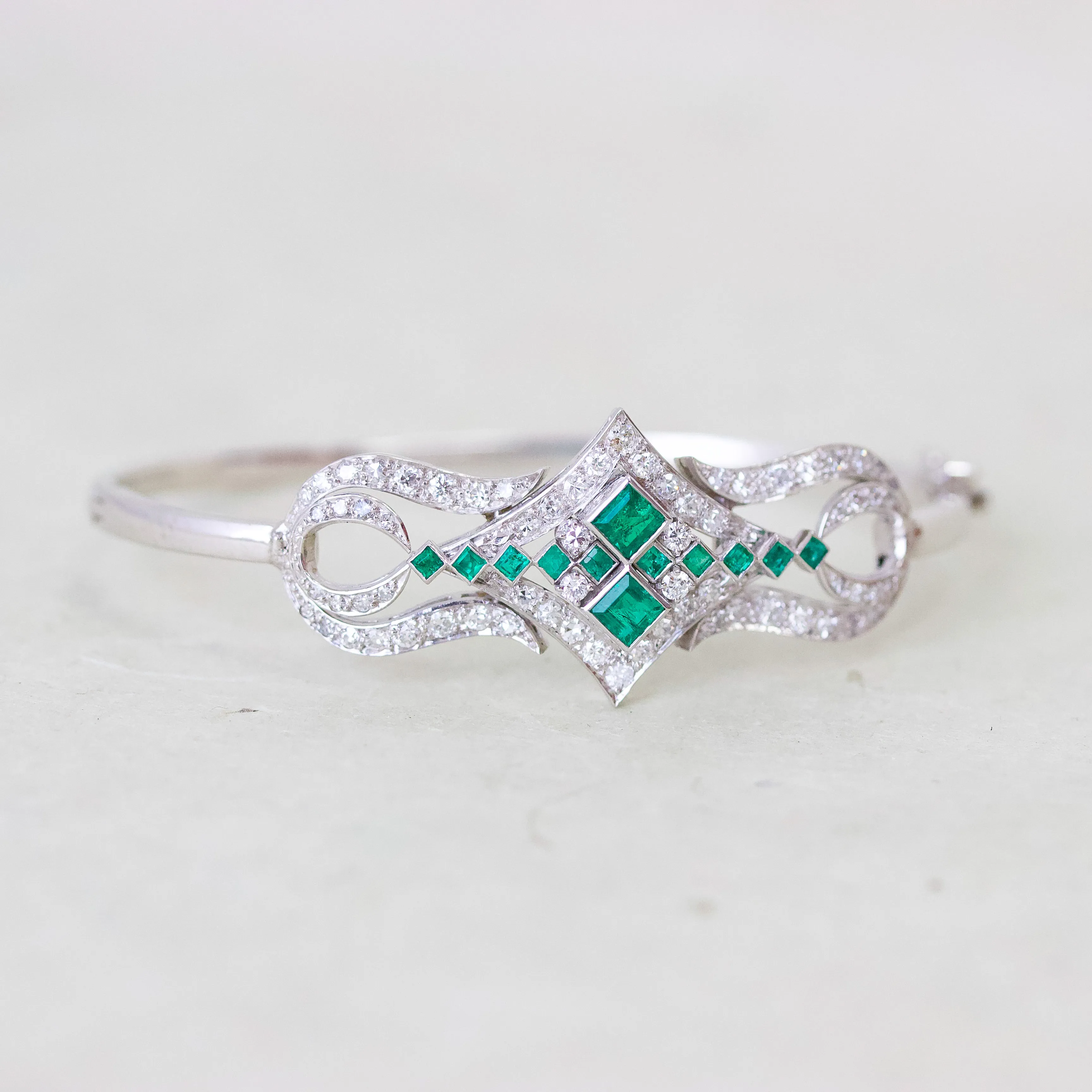 Art Deco Emerald & Diamond Bangle Bracelet, Platinum