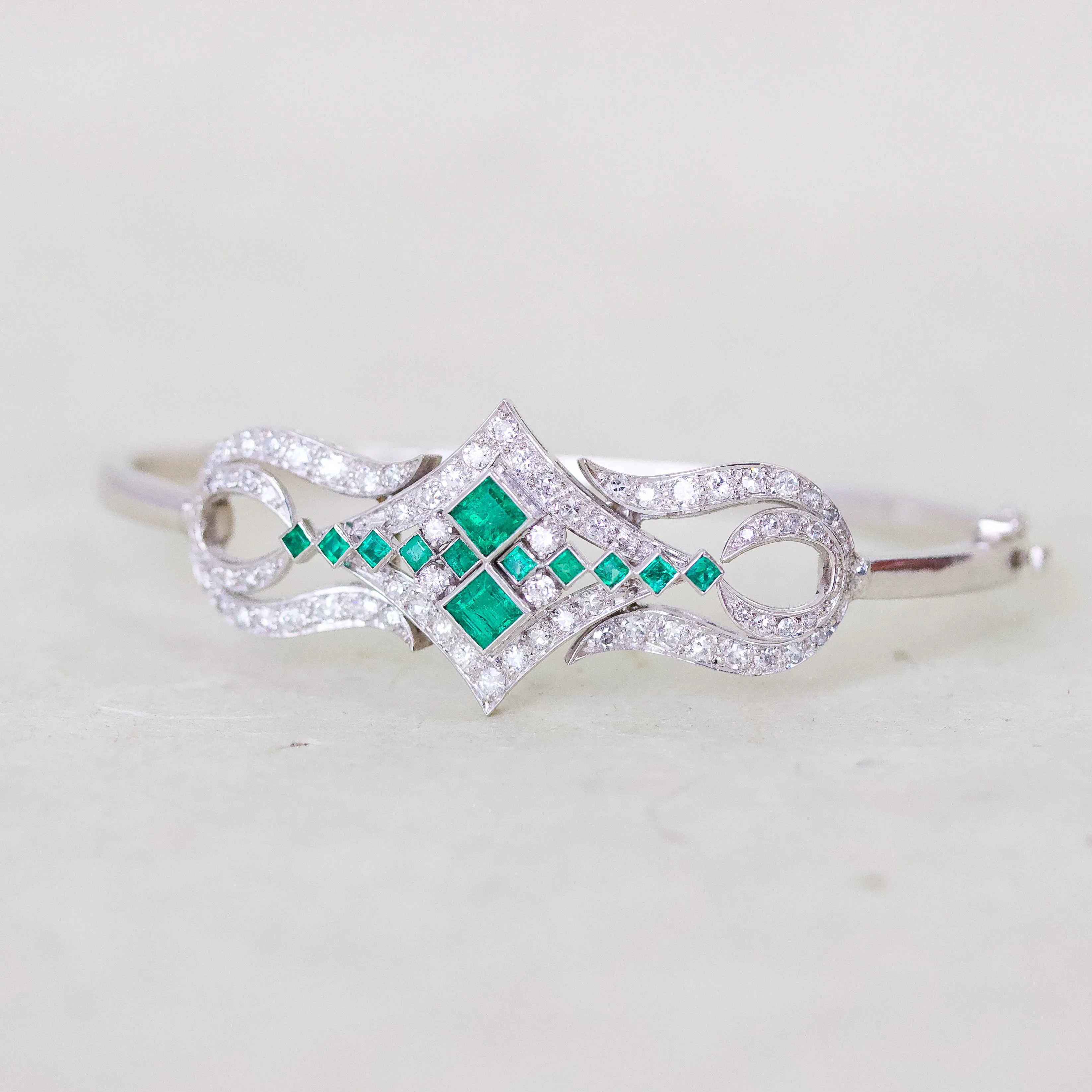 Art Deco Emerald & Diamond Bangle Bracelet, Platinum