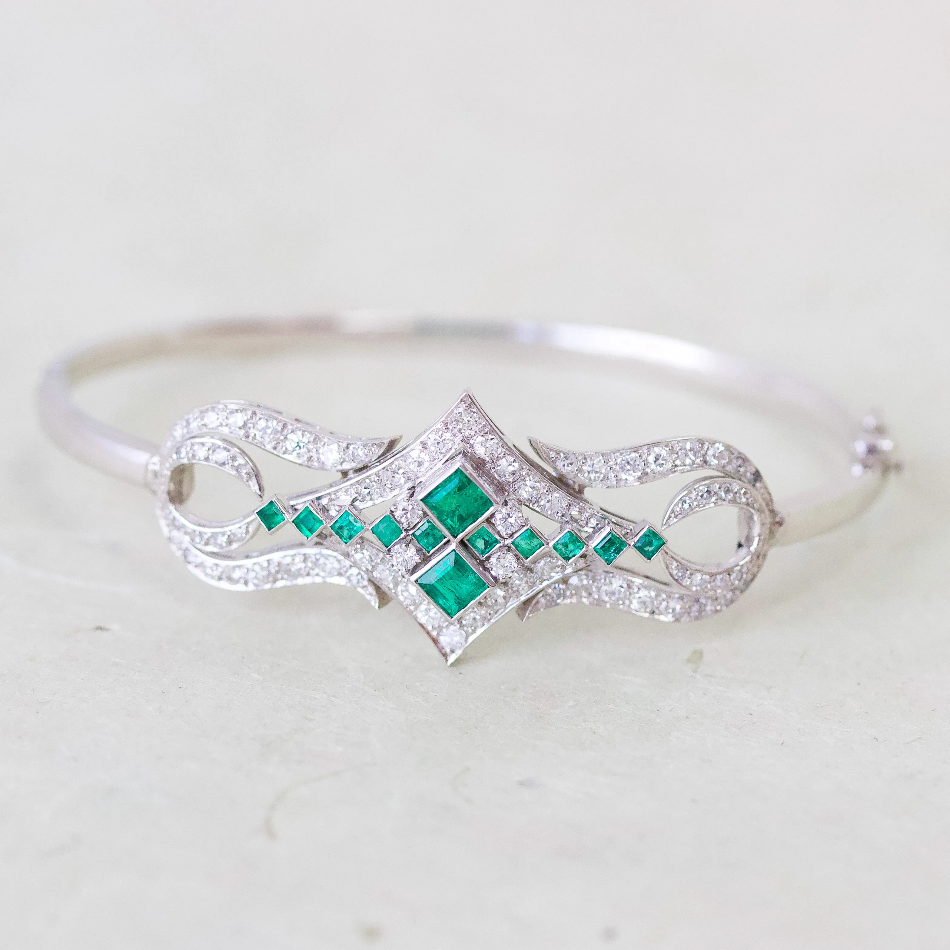 Art Deco Emerald & Diamond Bangle Bracelet, Platinum