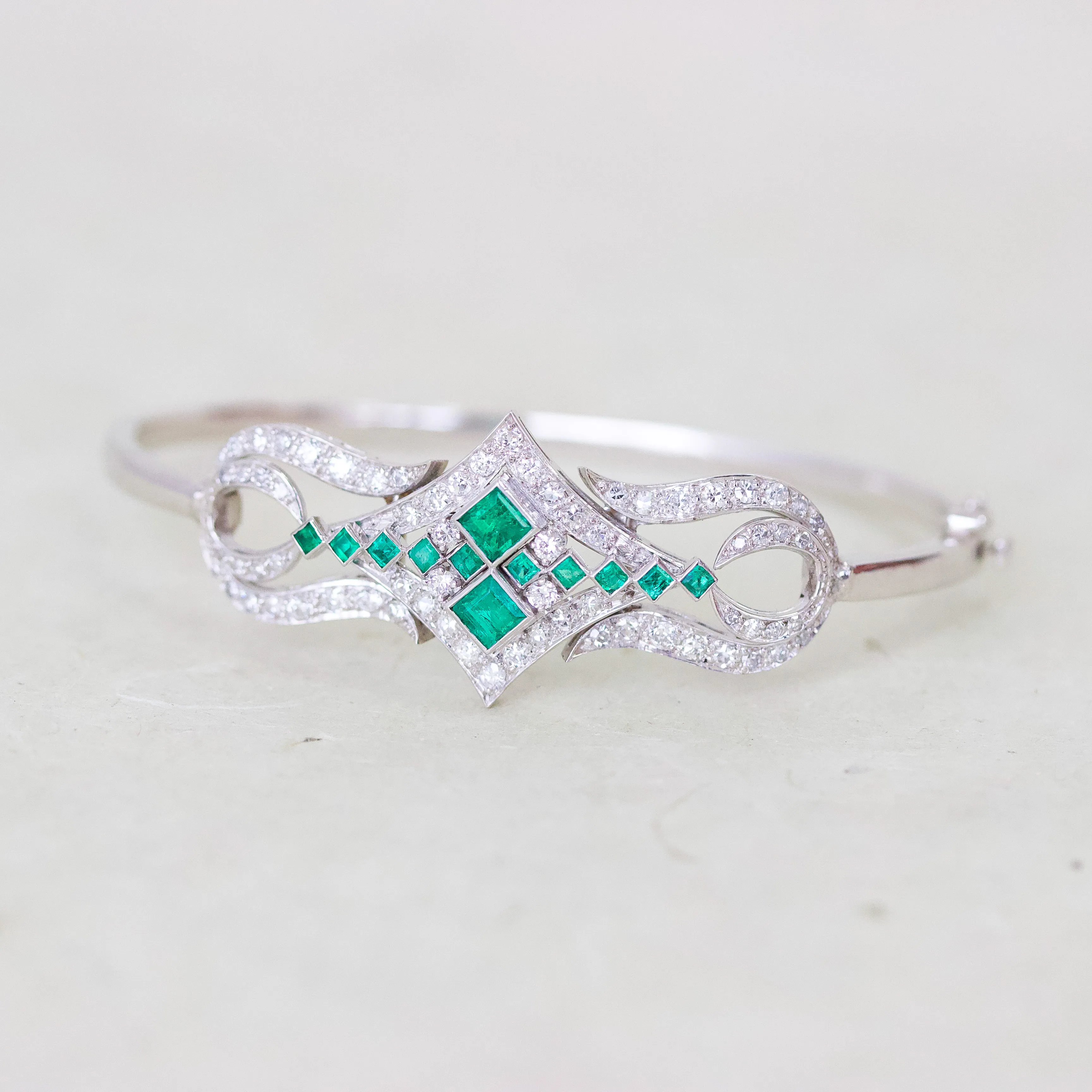 Art Deco Emerald & Diamond Bangle Bracelet, Platinum