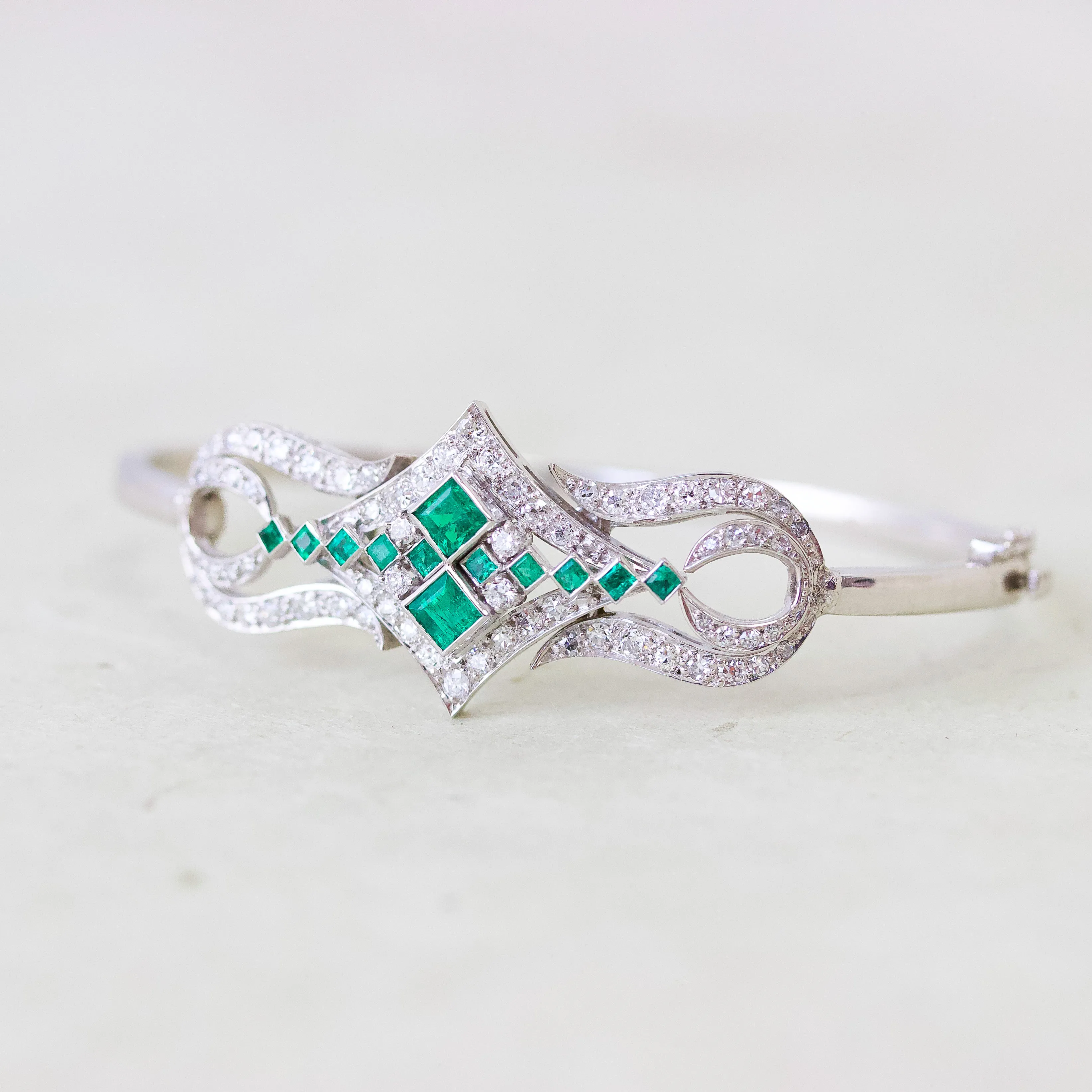 Art Deco Emerald & Diamond Bangle Bracelet, Platinum