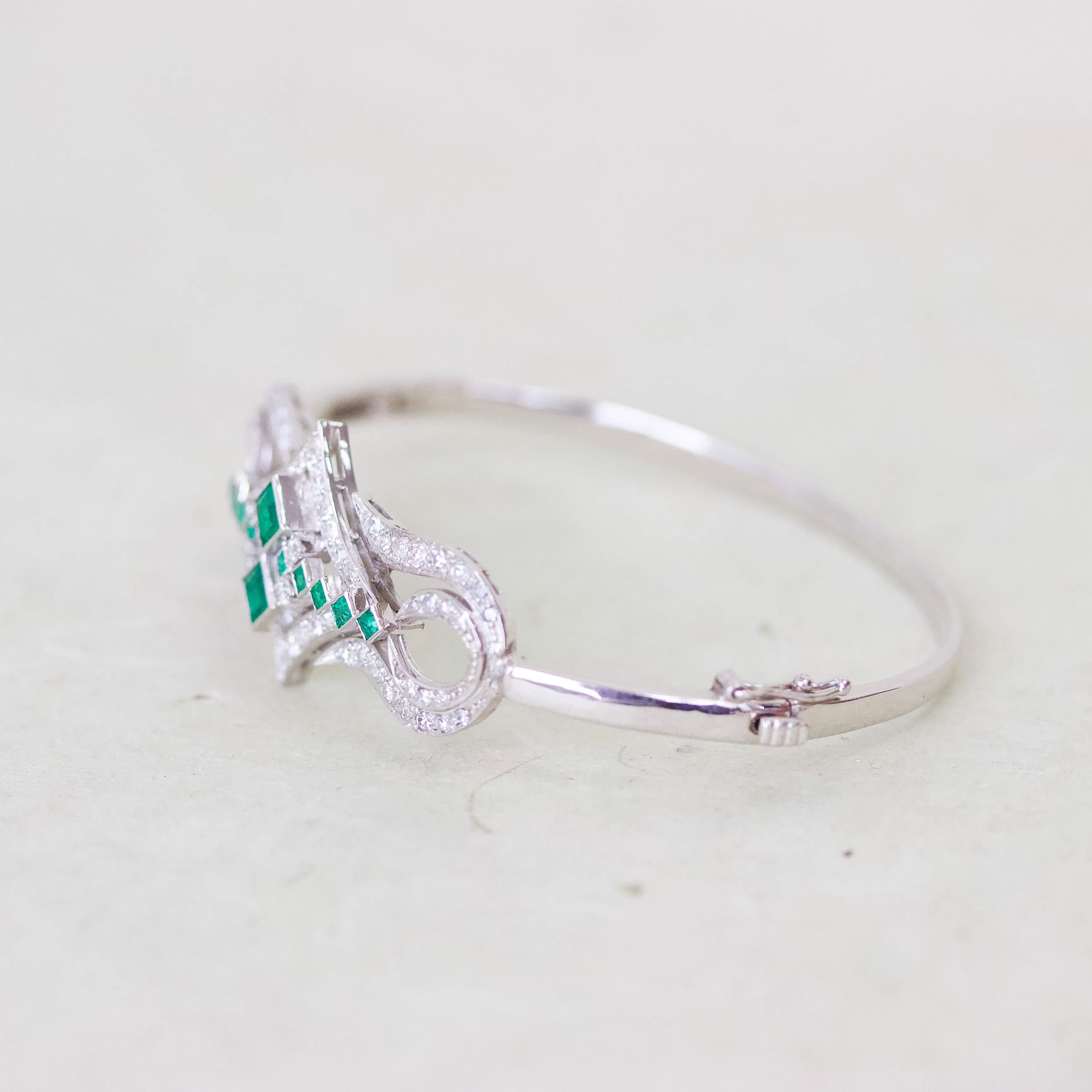 Art Deco Emerald & Diamond Bangle Bracelet, Platinum