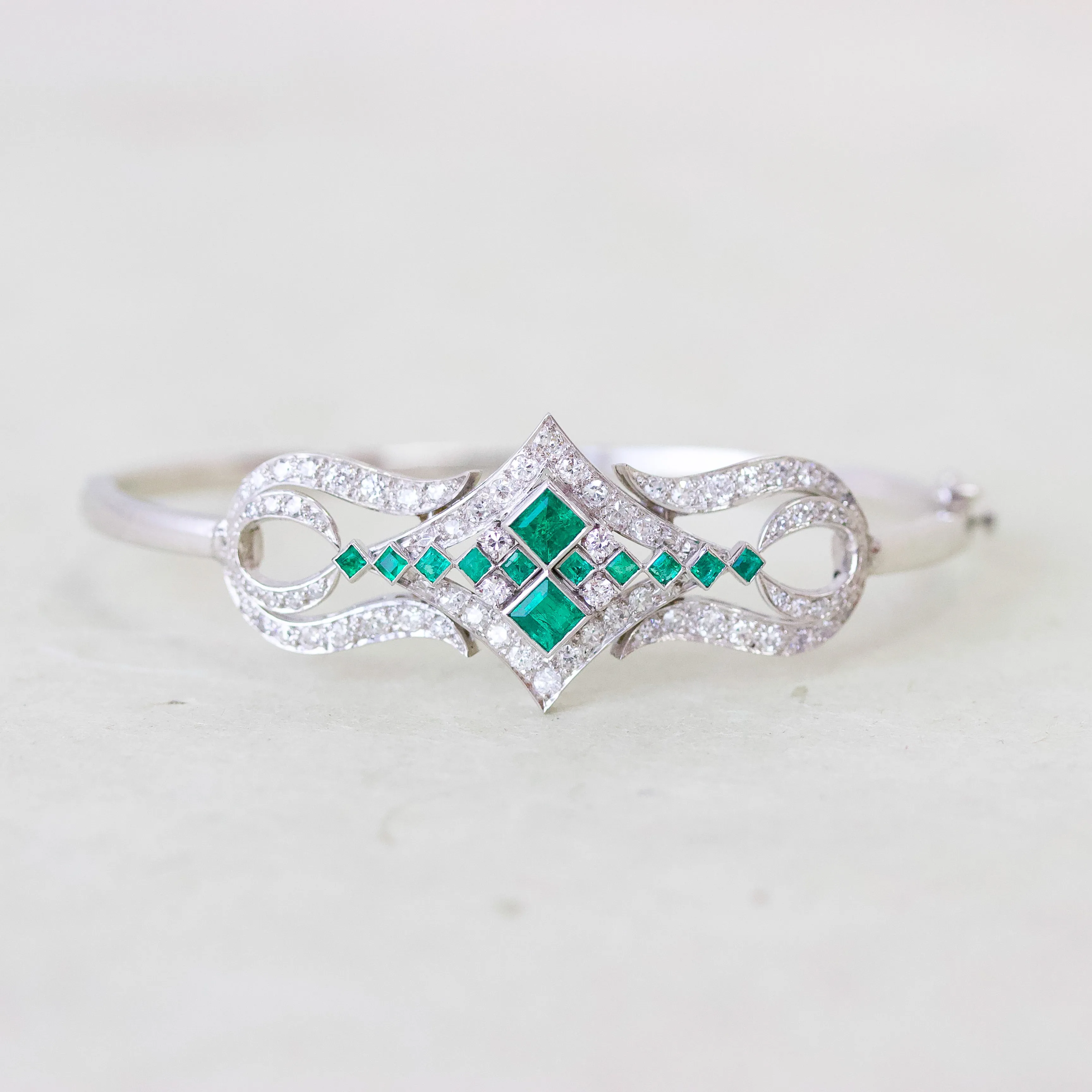 Art Deco Emerald & Diamond Bangle Bracelet, Platinum