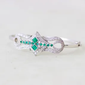 Art Deco Emerald & Diamond Bangle Bracelet, Platinum