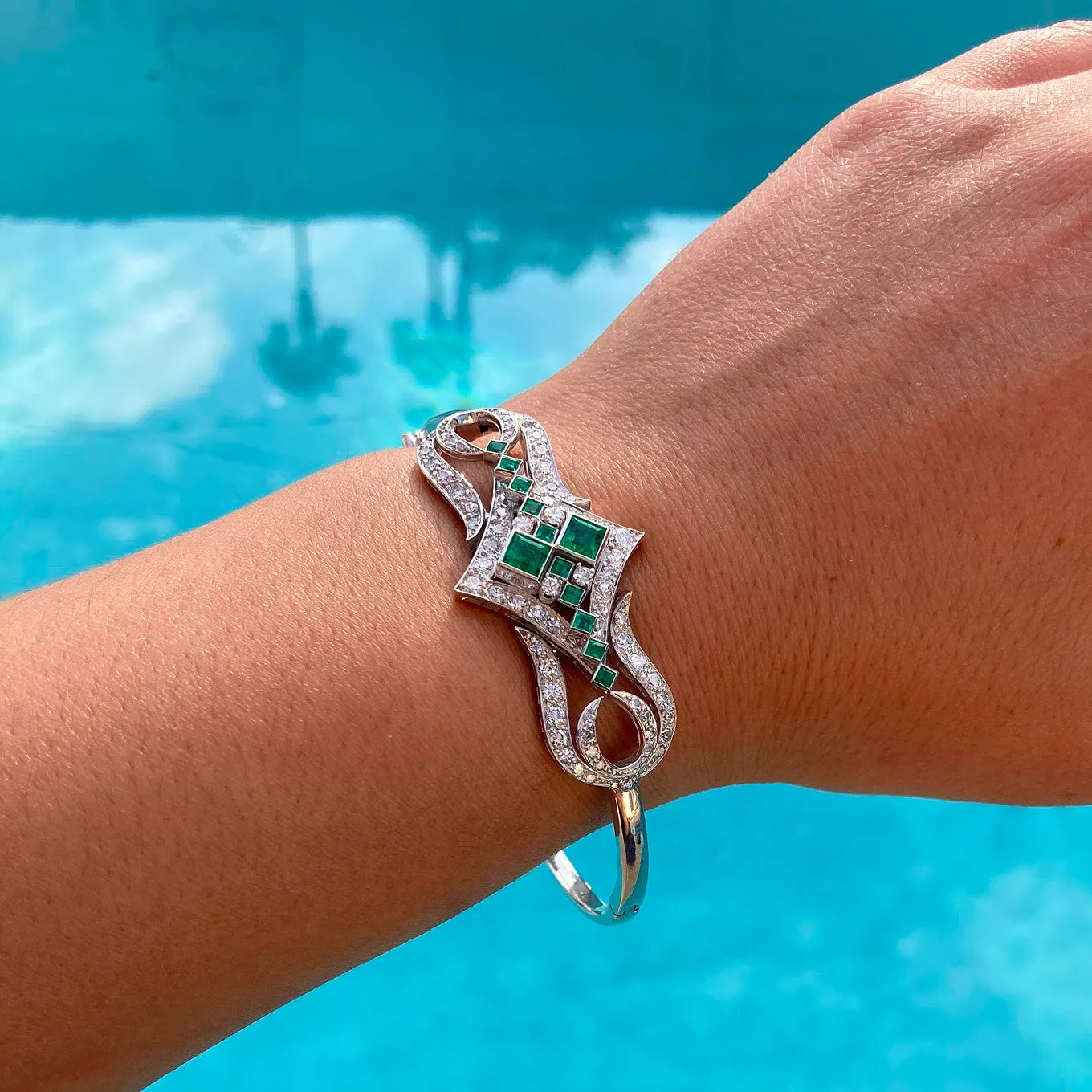 Art Deco Emerald & Diamond Bangle Bracelet, Platinum
