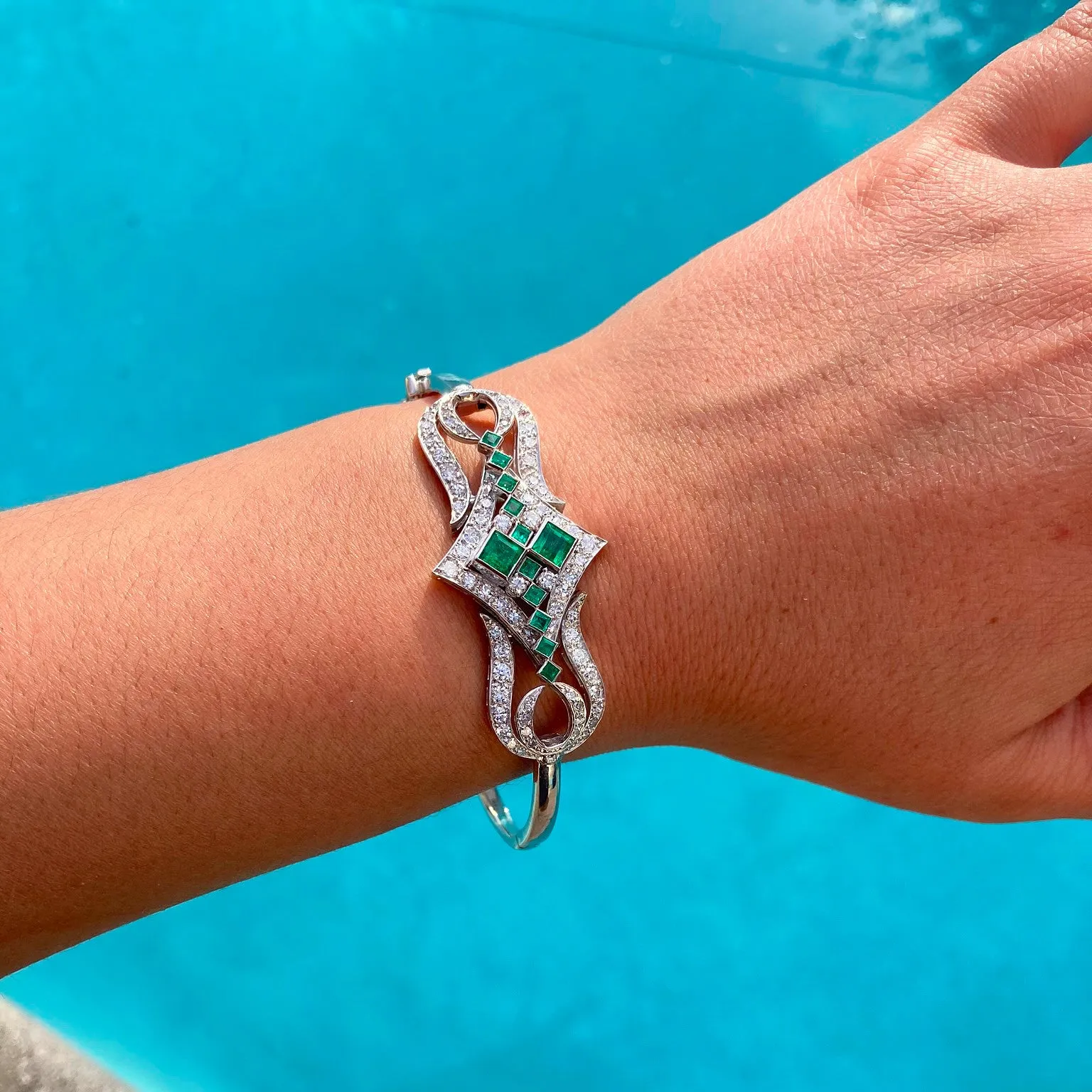Art Deco Emerald & Diamond Bangle Bracelet, Platinum