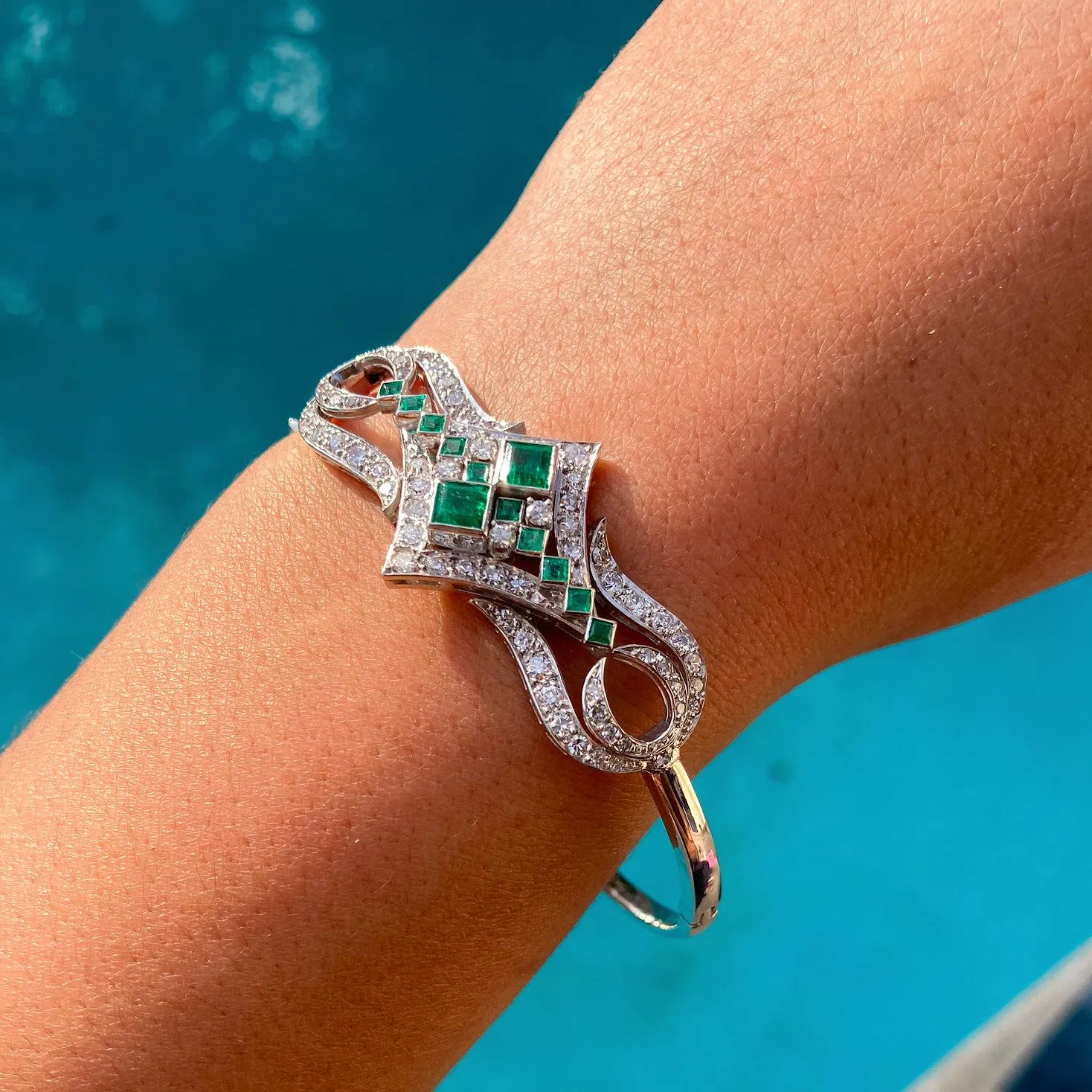 Art Deco Emerald & Diamond Bangle Bracelet, Platinum