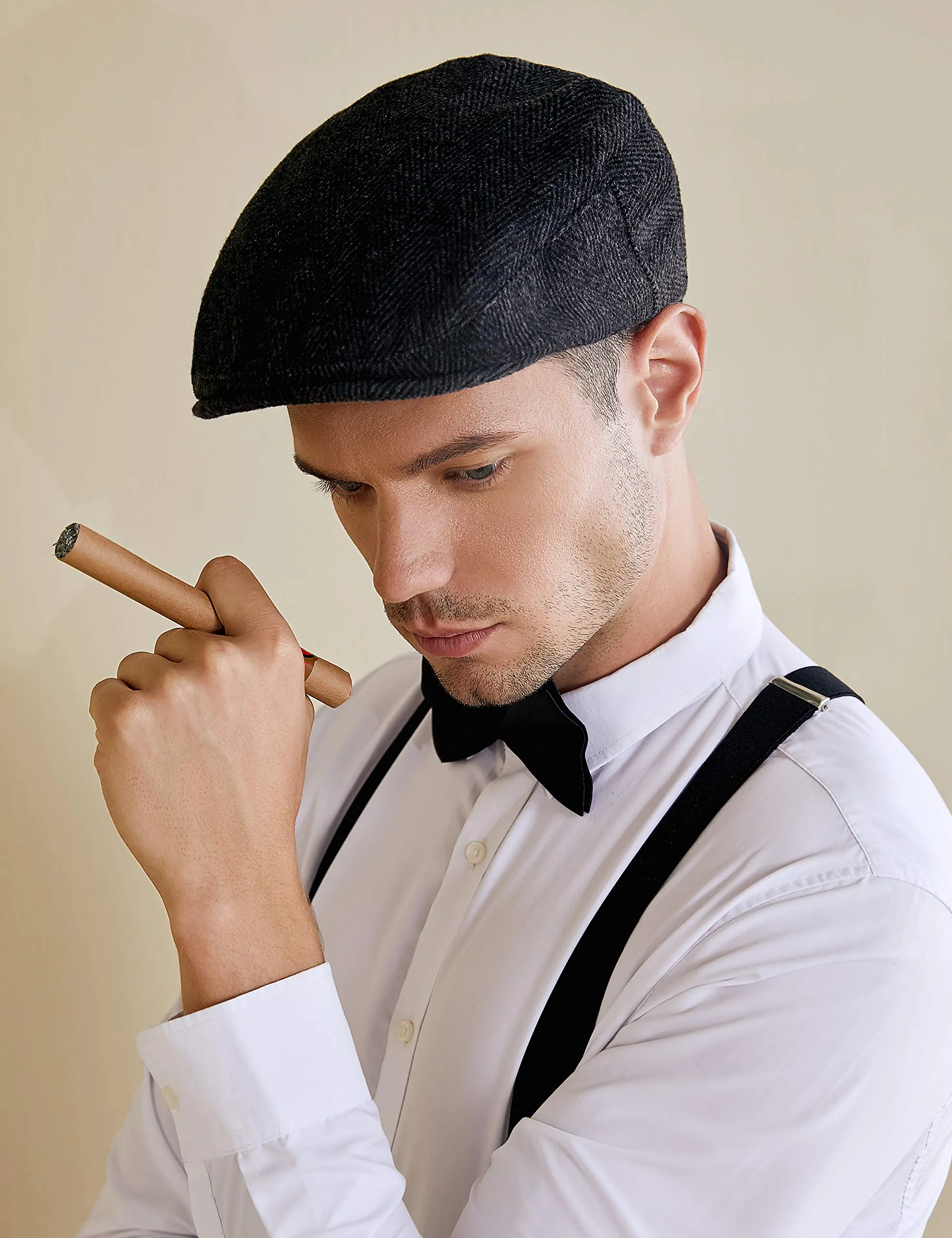 BABEYOND 1920s Gatsby Newsboy Hat Cap for Men Gatsby Hat for Men 1920s Mens Gatsby Costume Accessories Black Large-X-Large