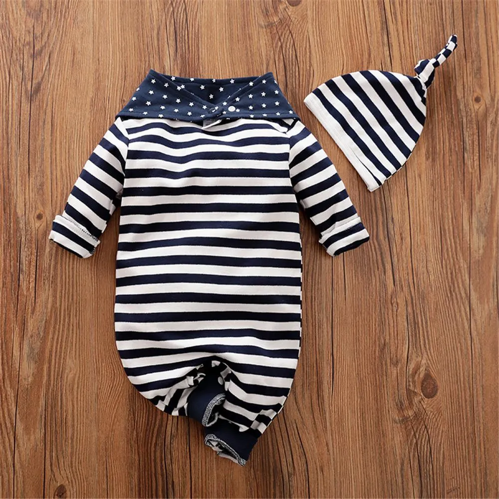 Baby Striped Owl Long Sleeve Romper & Hat & Bib