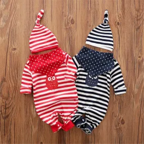 Baby Striped Owl Long Sleeve Romper & Hat & Bib